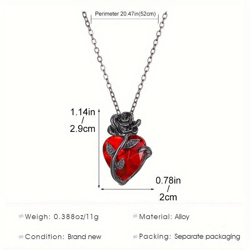 Gothic Rose & Red Heart Pendant Necklace