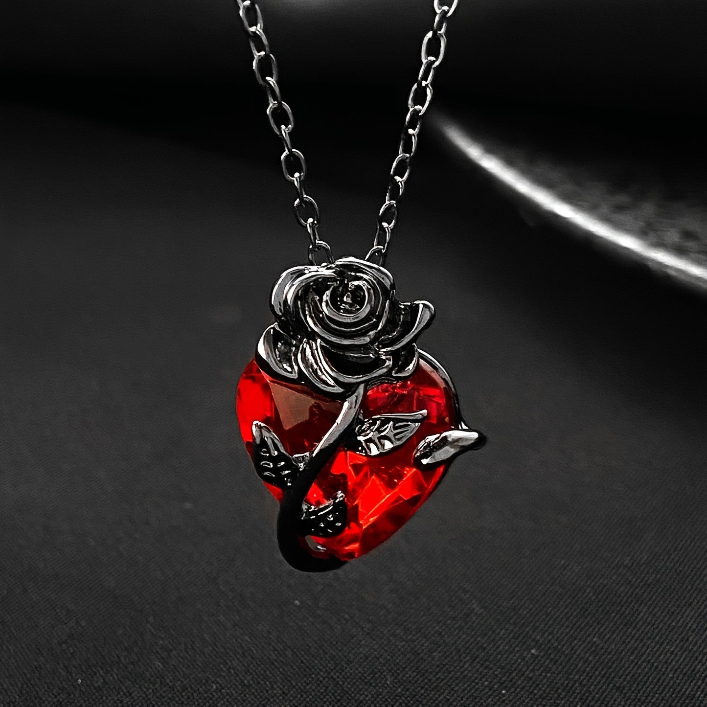 Gothic Rose & Red Heart Pendant Necklace