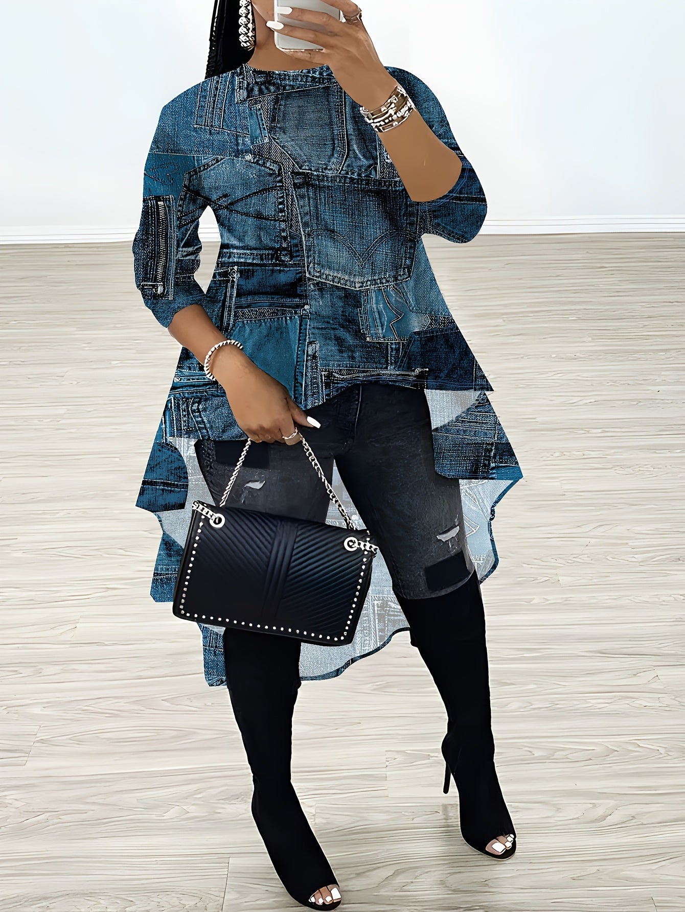 Plus Size Denim-Look Long Sleeve Dress