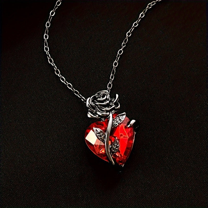 Gothic Rose & Red Heart Pendant Necklace