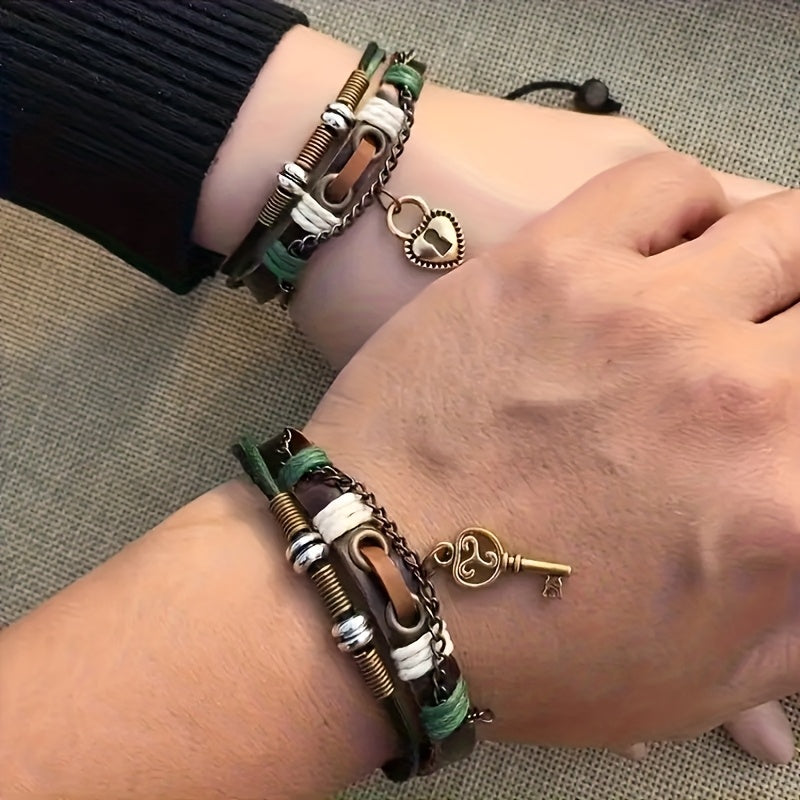 2pc Set Retro Leather Couple Bracelets