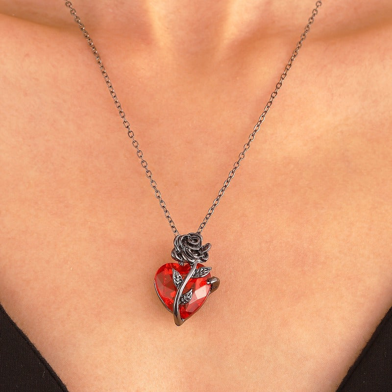 Gothic Rose & Red Heart Pendant Necklace