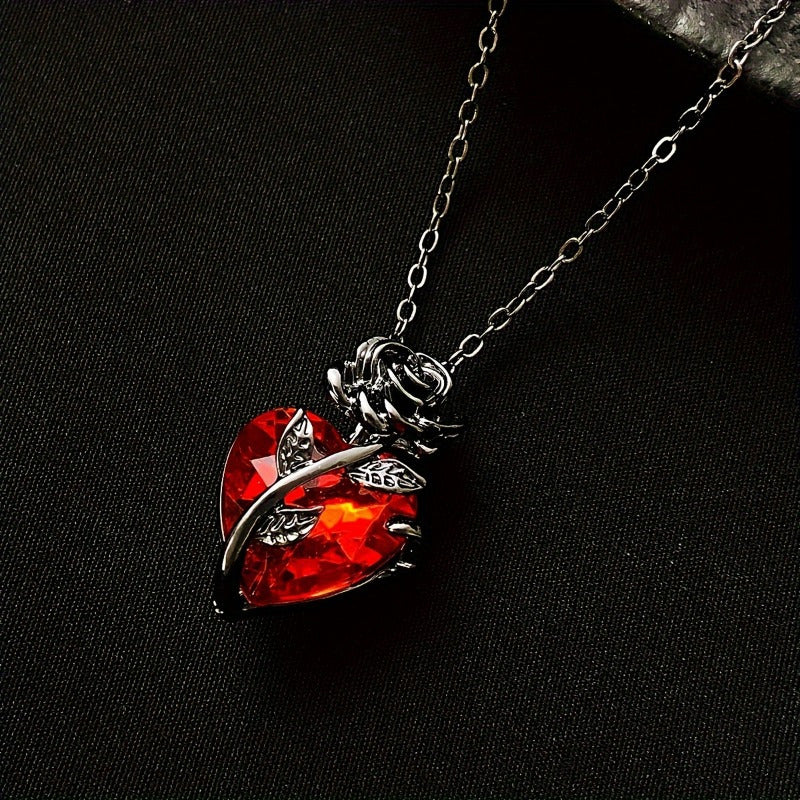 Gothic Rose & Red Heart Pendant Necklace