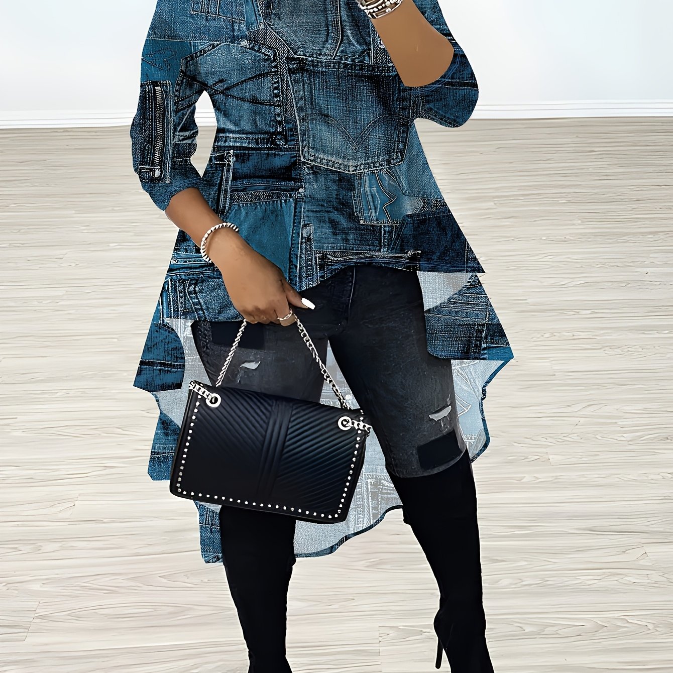 Plus Size Denim-Look Long Sleeve Dress